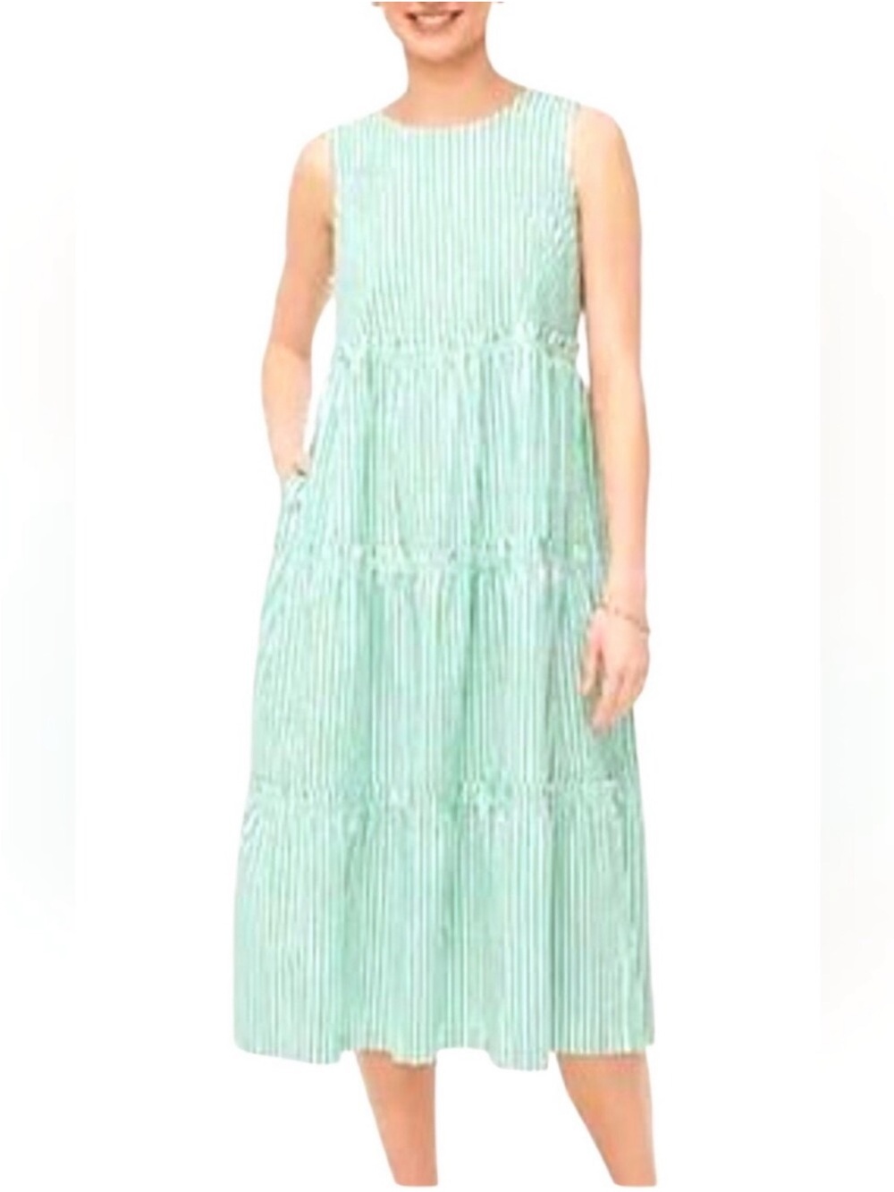 J. Crew Tiered Ruffle Green Stripe Maxi Dress Sz 8 Sleeveless Pockets St Patty